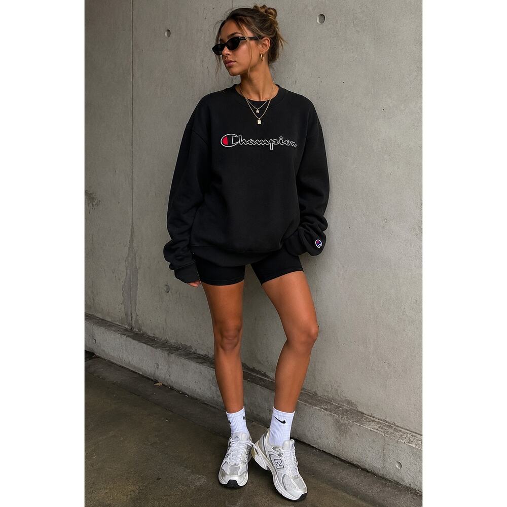 Champion Black Script Logo Crewneck Sweatshirt Size Small Streetwear Minimalist
